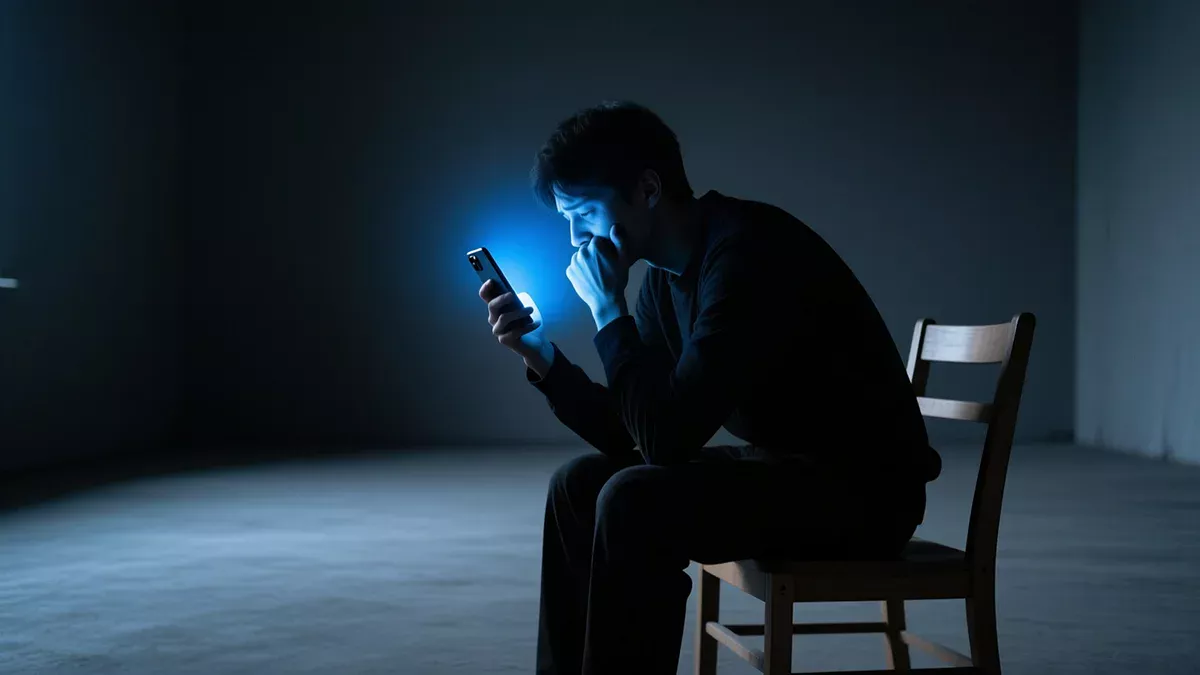 Personne seule dans l'obscurité illuminée par la lueur d'un smartphone, symbolisant l'isolement de l'addiction aux paris sportifs