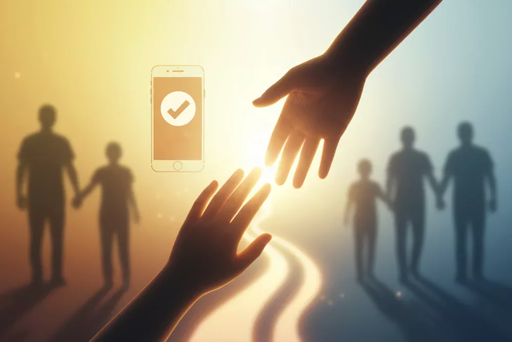 Main tendue offrant de l'aide avec une lumière d'espoir, symbolisant le soutien disponible pour surmonter l'addiction