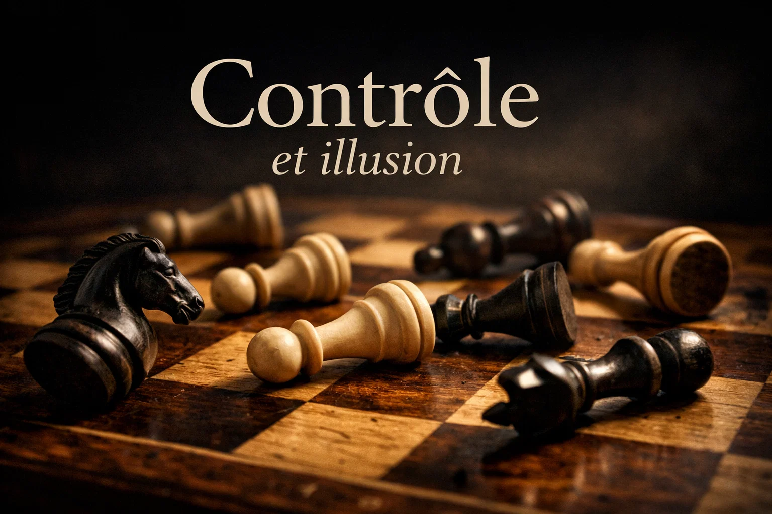 Pièces d'échecs renversées sur un échiquier vu en gros plan avec un faible éclairage