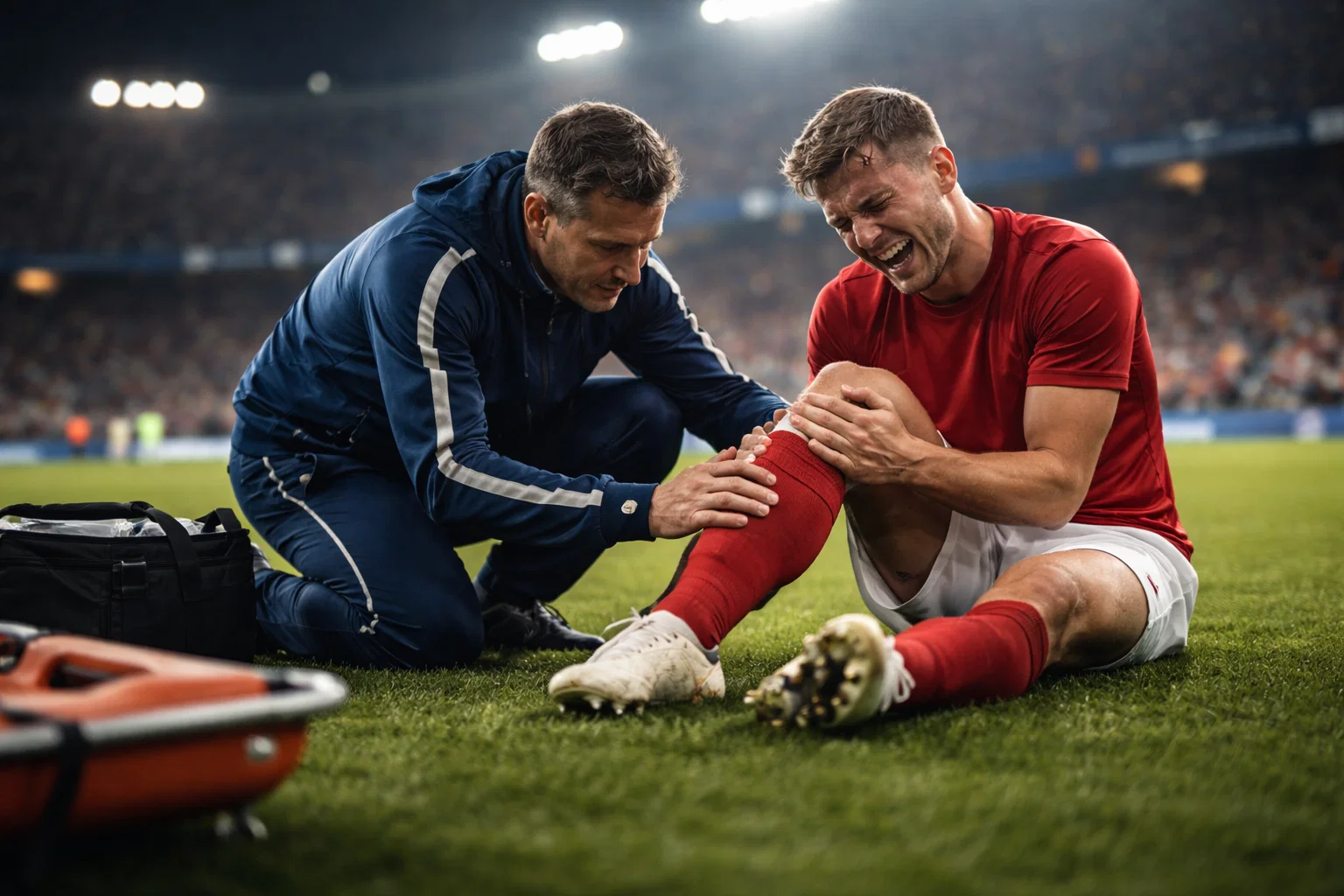 Joueur de football assis sur la pelouse soigné par le staff médical pendant un match