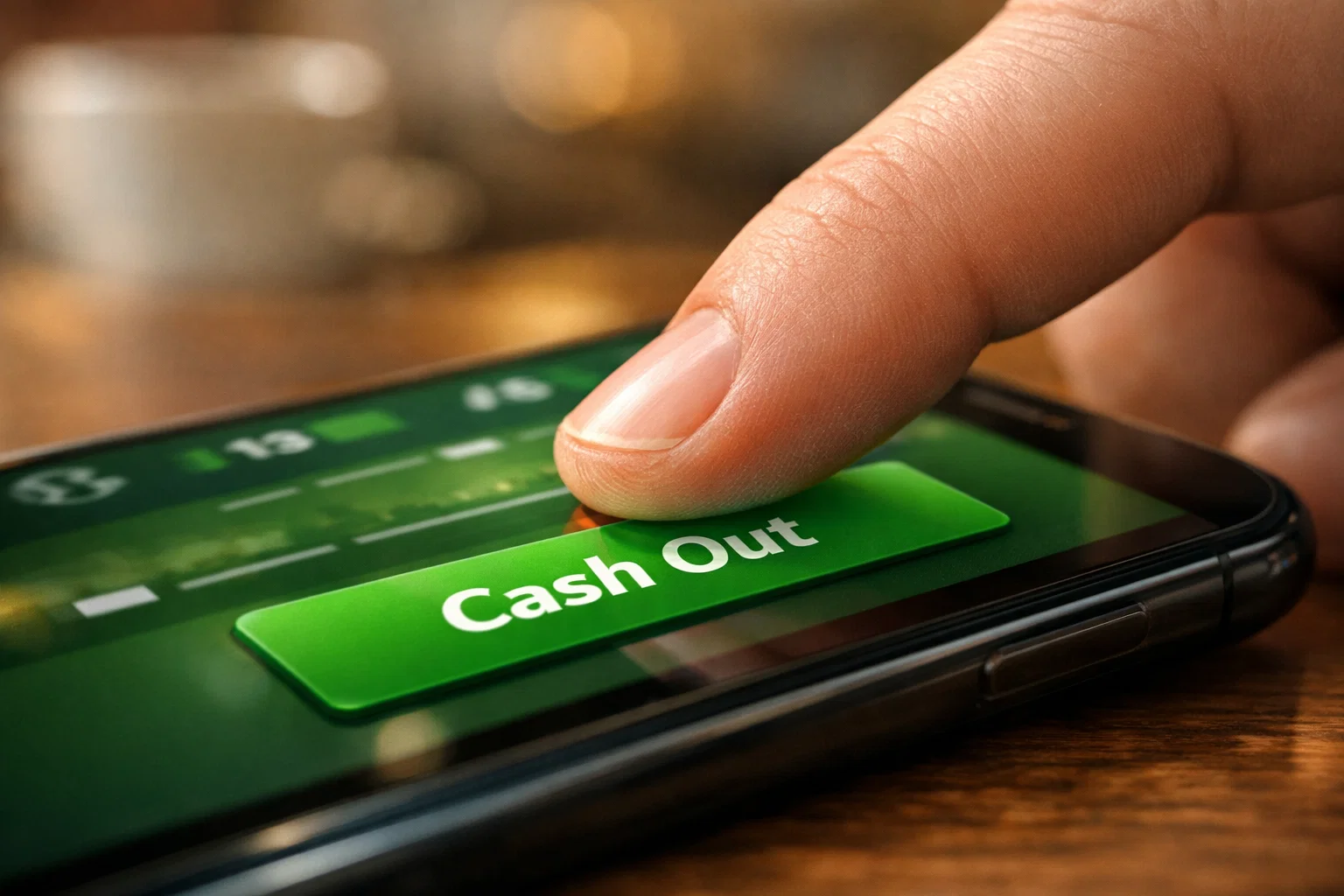 Doigt appuyant sur l'écran tactile d'un smartphone affichant une interface sportive verte