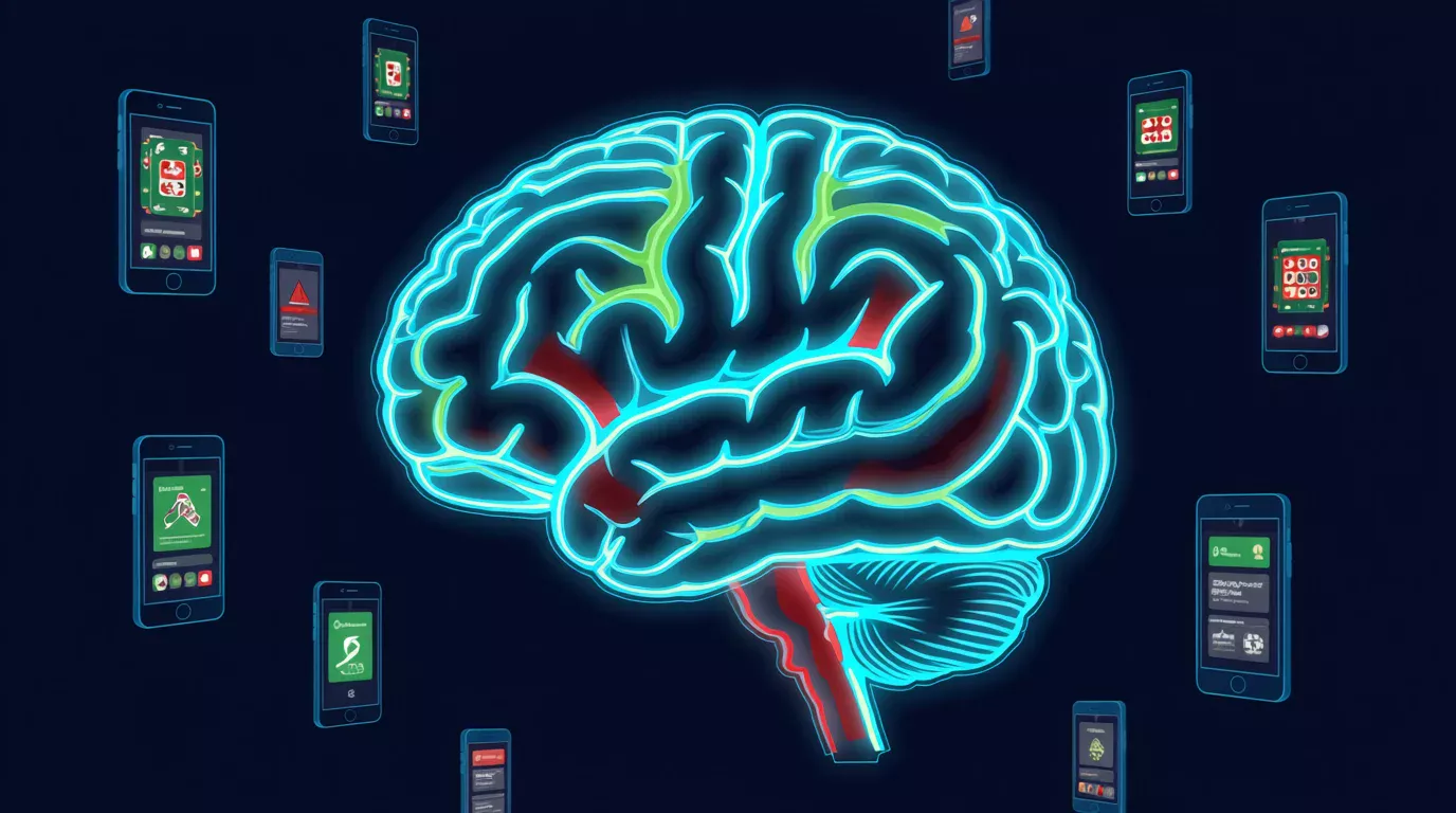 Illustration médicale du cerveau montrant les circuits de la dopamine activés lors des paris sportifs