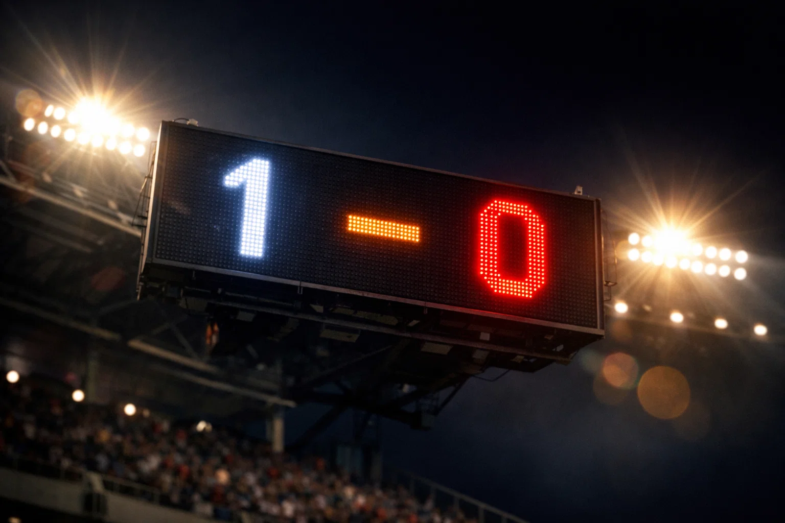 Tableau d'affichage lumineux d'un stade de football montrant le score pendant un match de nuit