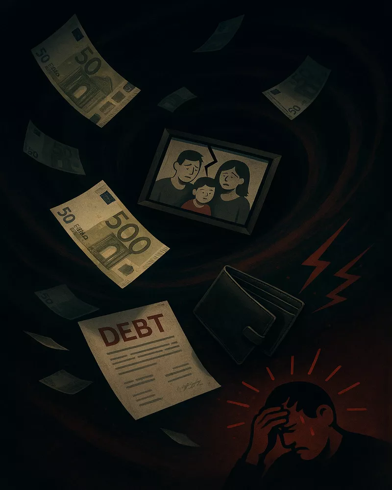 Représentation visuelle d'une spirale descendante symbolisant les conséquences financières et personnelles de l'addiction