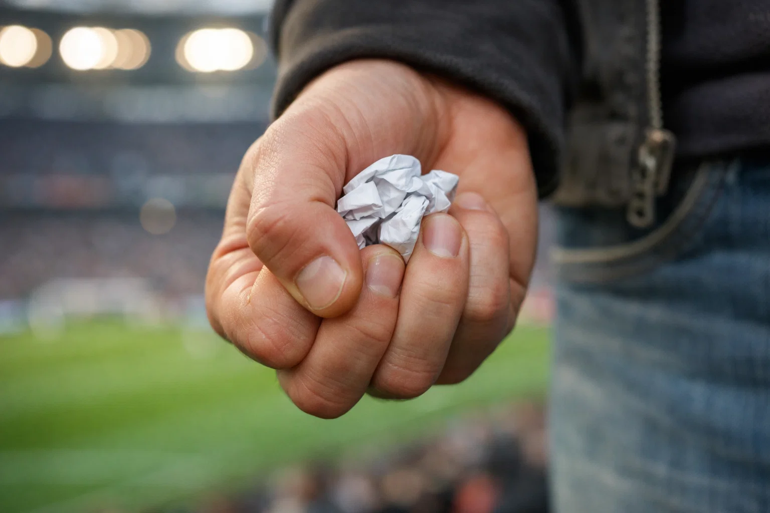 Personne tenant un ticket froissé dans sa main fermée avec un stade flou en arrière-plan