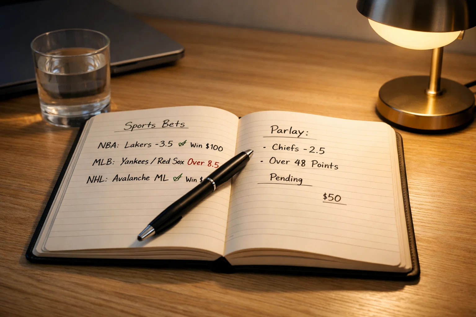 Carnet ouvert avec un stylo posé dessus sur un bureau bien rangé éclairé par une lampe