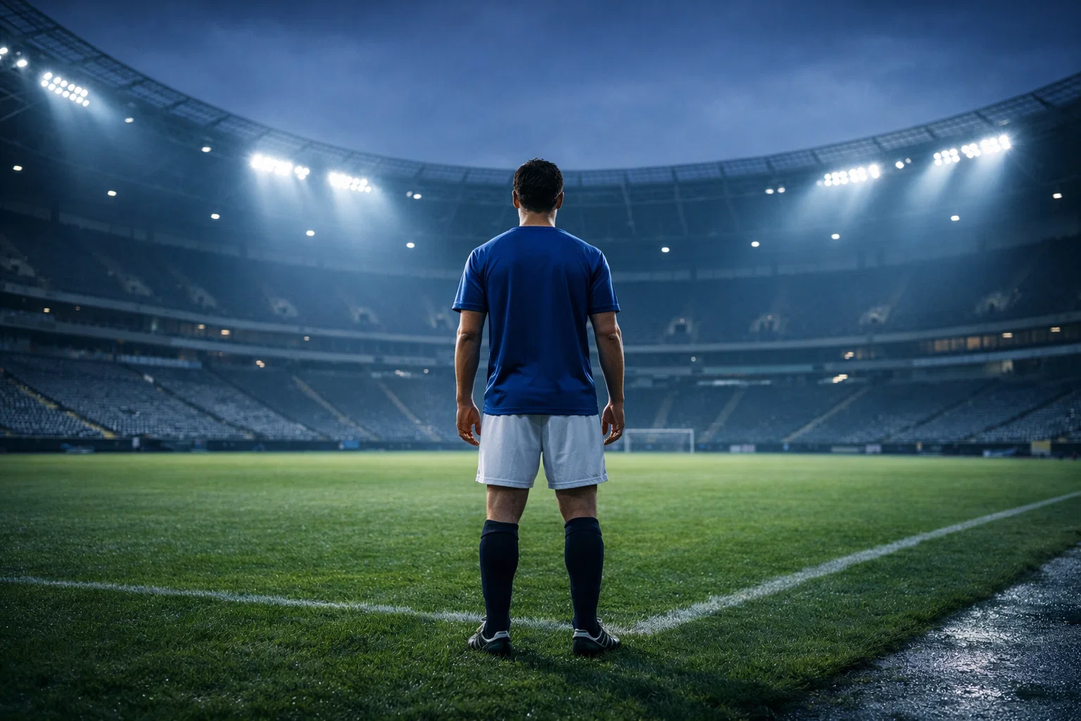 Footballeur professionnel de dos face à un terrain vide dans un grand stade
