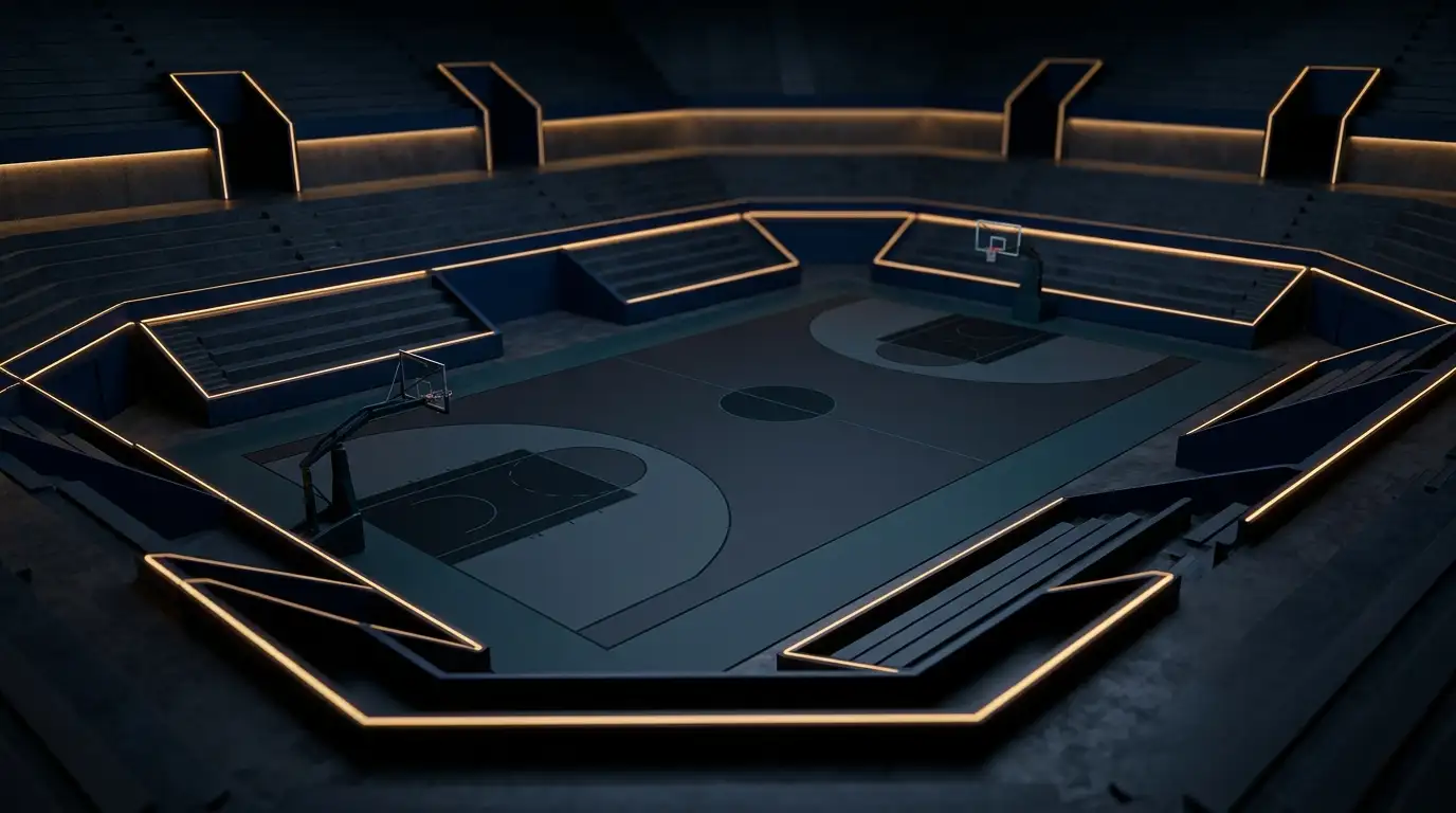 Terrain de basket intérieur vide vu en hauteur, avec des limites de jeu nettement tracées