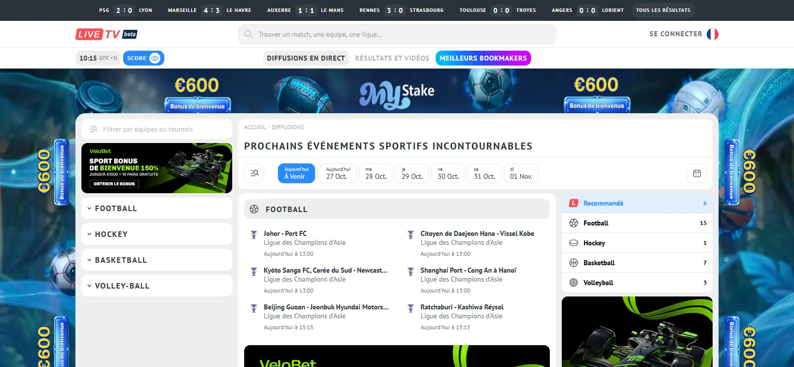 Calendrier des rencontres sportives avec choix de dates et disciplines