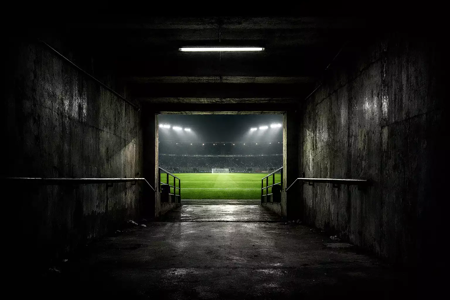 Couloir sombre d'un stade de football menant vers la pelouse éclairée au loin