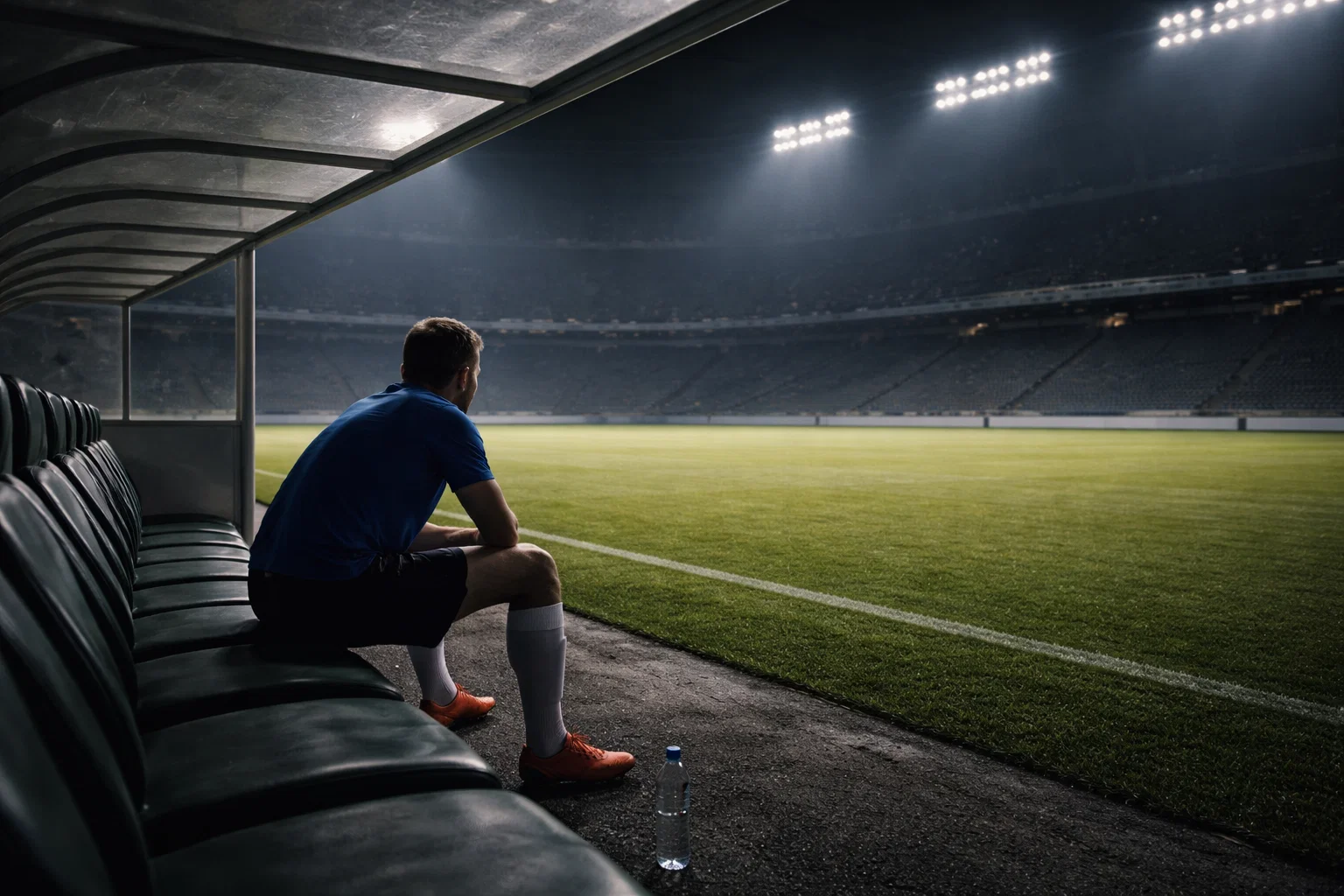 Joueur de football assis seul sur un banc de touche dans un stade vide éclairé par les projecteurs