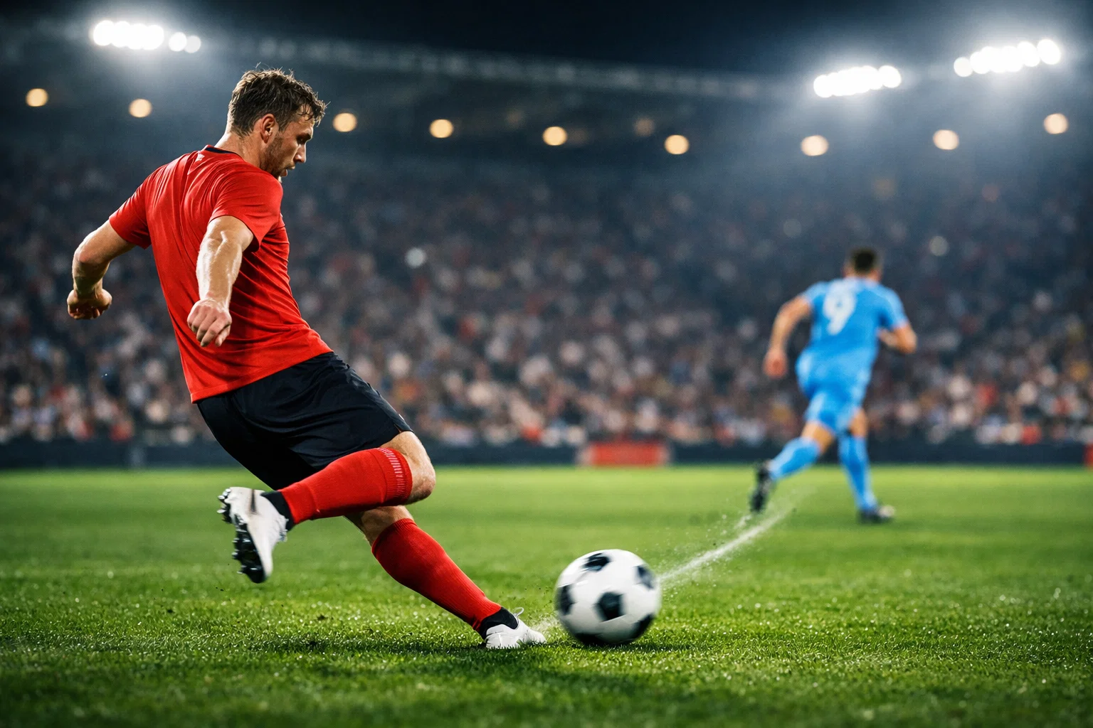 Milieu de terrain effectuant une passe décisive sur un terrain de football en plein match