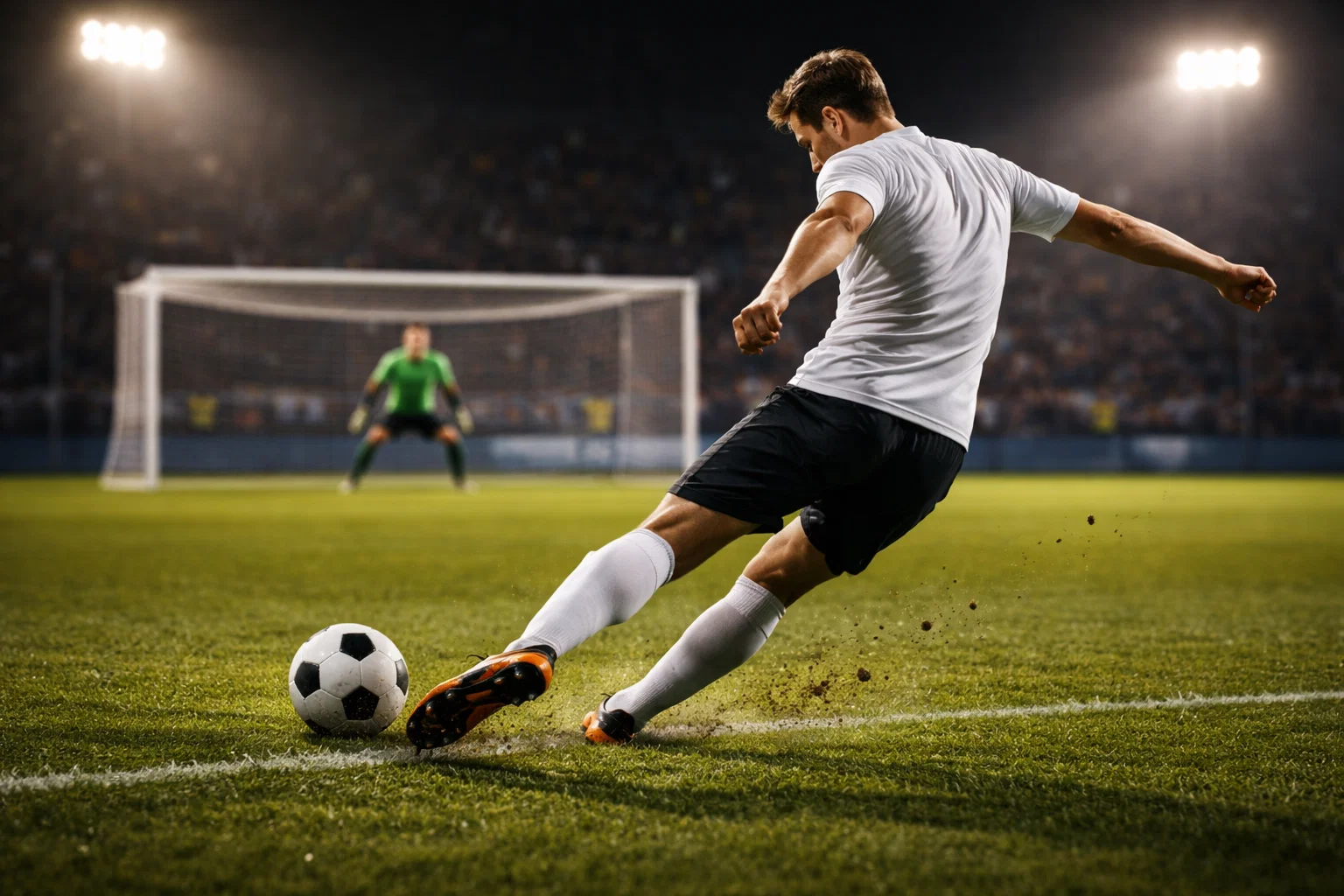 Attaquant de football prêt à frapper le ballon face au gardien dans un stade