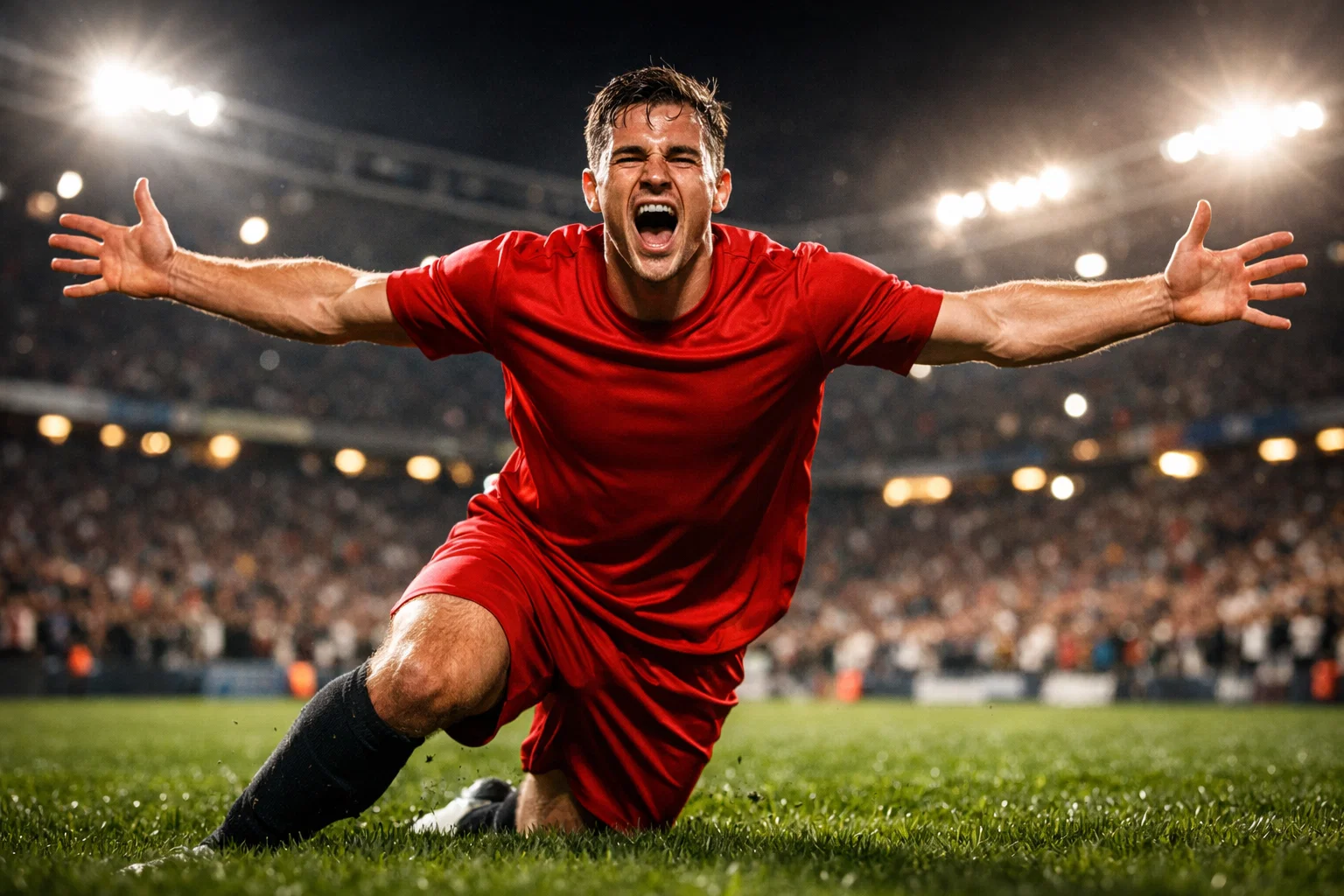 Joueur de football célébrant un but dans un stade éclairé sous les projecteurs