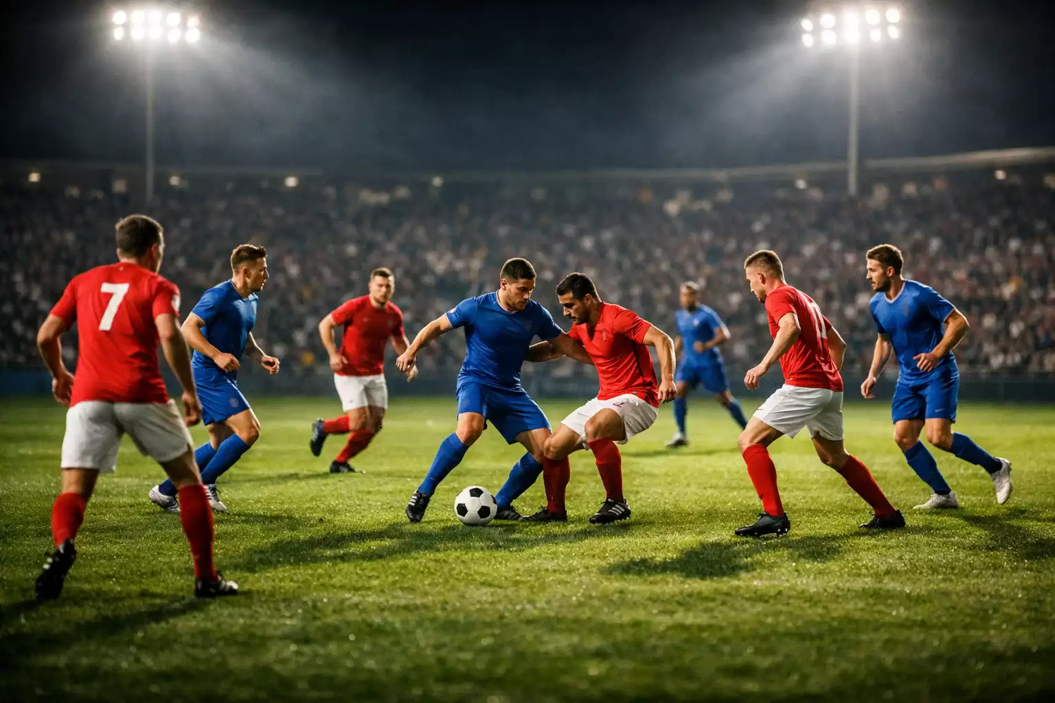 Plusieurs joueurs de football en action lors d'un match sous les projecteurs d'un stade