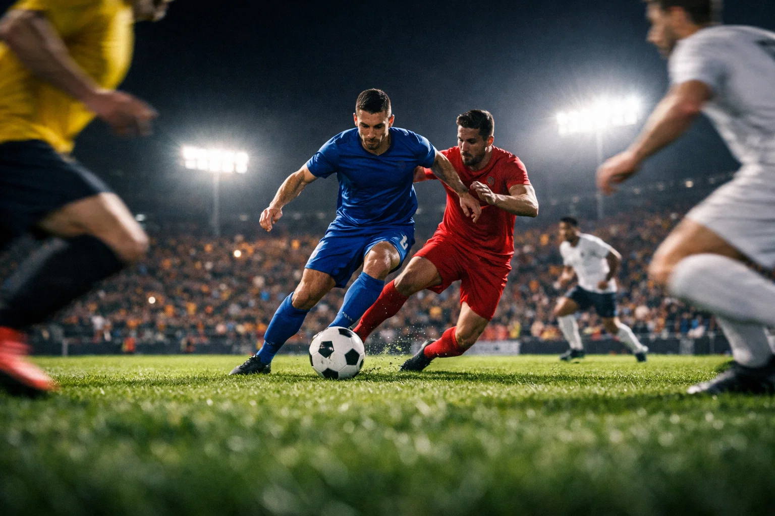 Joueurs de football en pleine action sur un terrain éclairé la nuit vu depuis le bord du terrain