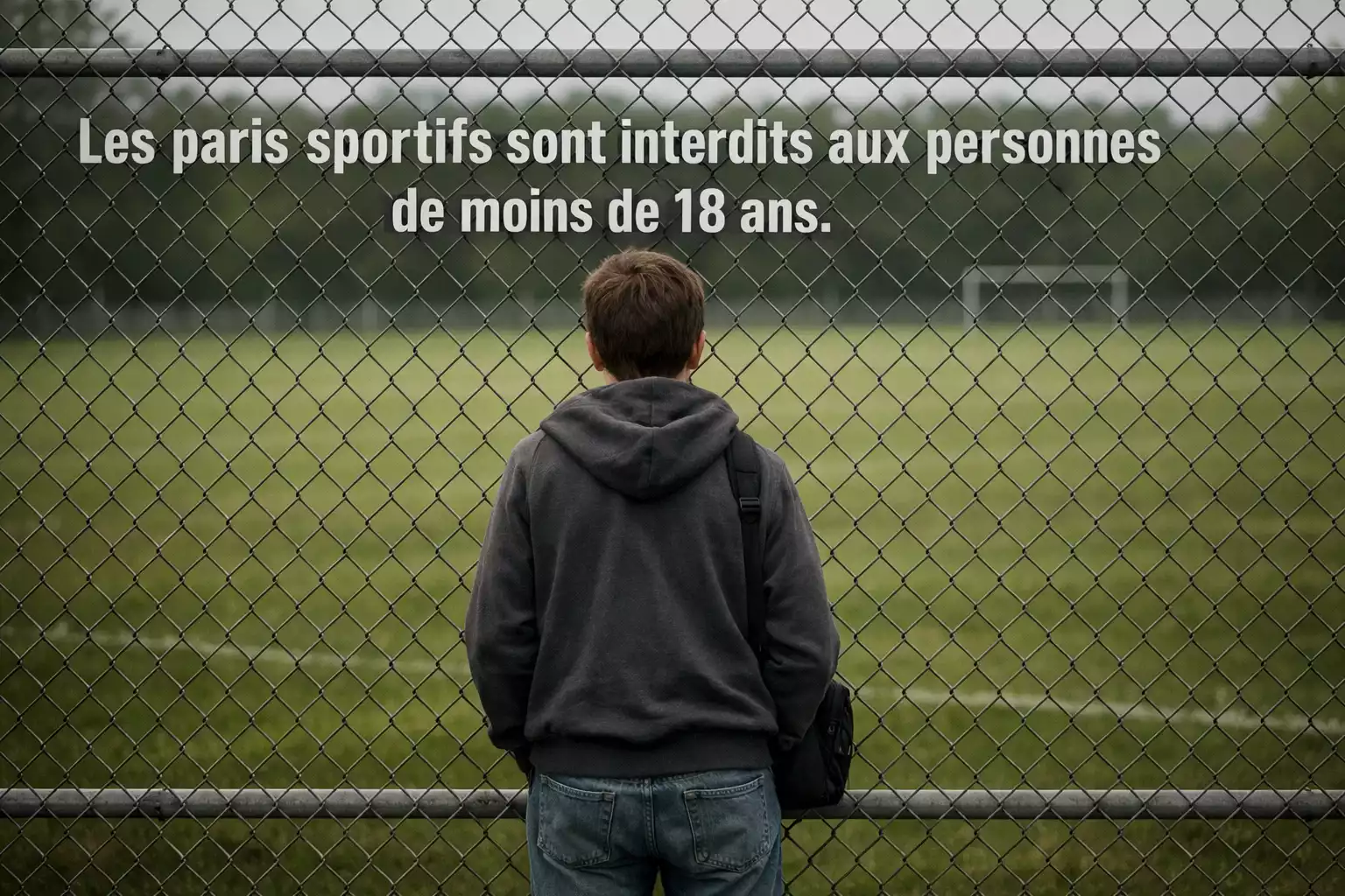 Adolescent de dos regardant un terrain de sport vide à travers un grillage