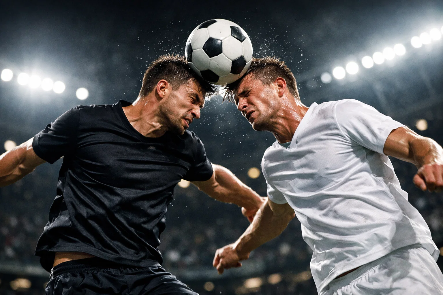 Joueur de football en plein duel aérien lors d'un match sous les projecteurs du stade