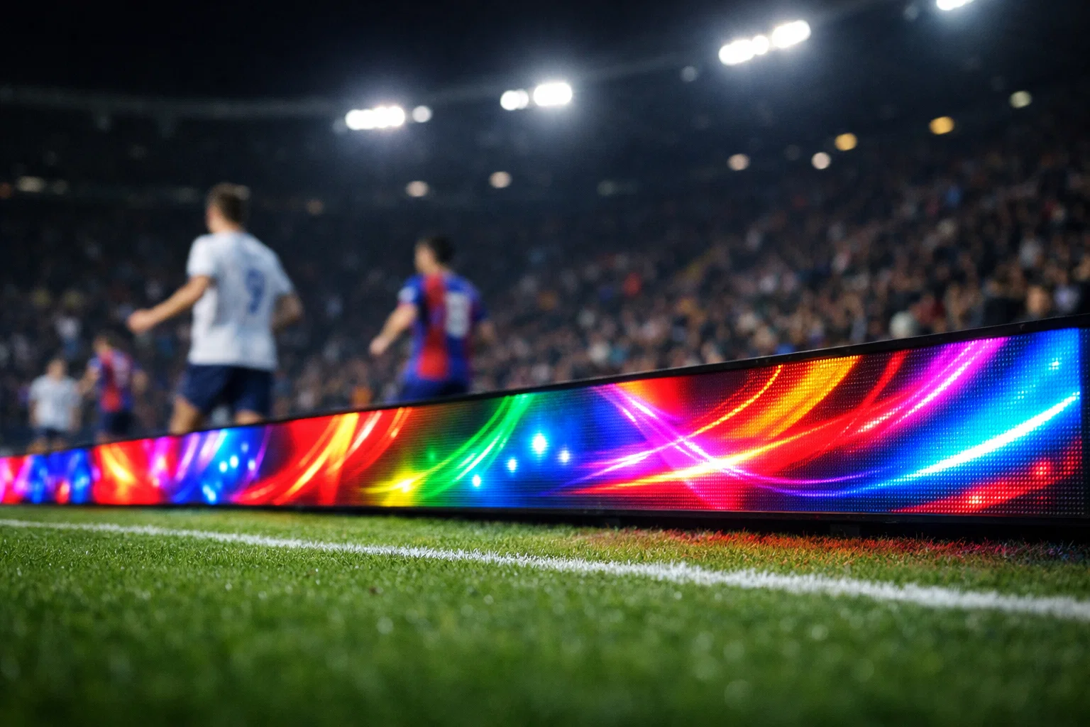 Panneaux publicitaires LED lumineux en bordure d'un terrain de football pendant un match de nuit