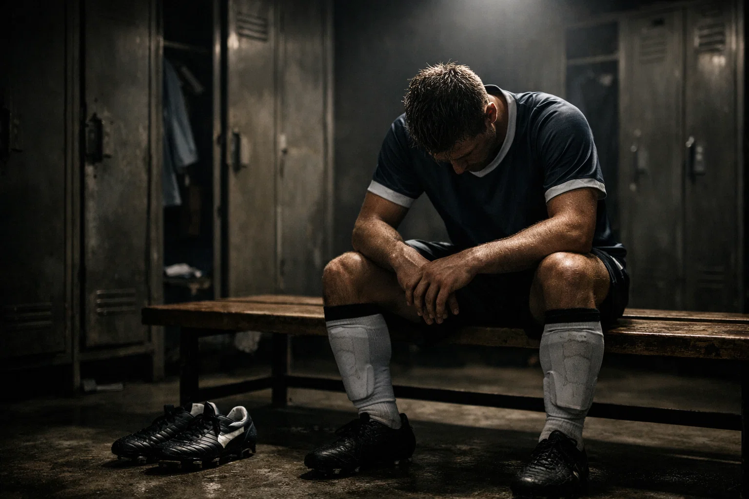 Joueur de football assis seul sur un banc dans un vestiaire vide et sombre