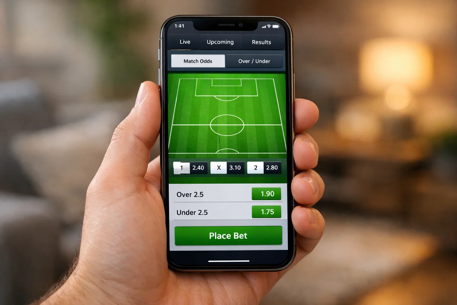 Écran de smartphone affichant une application de paris sportifs avec un terrain de football en arrière-plan